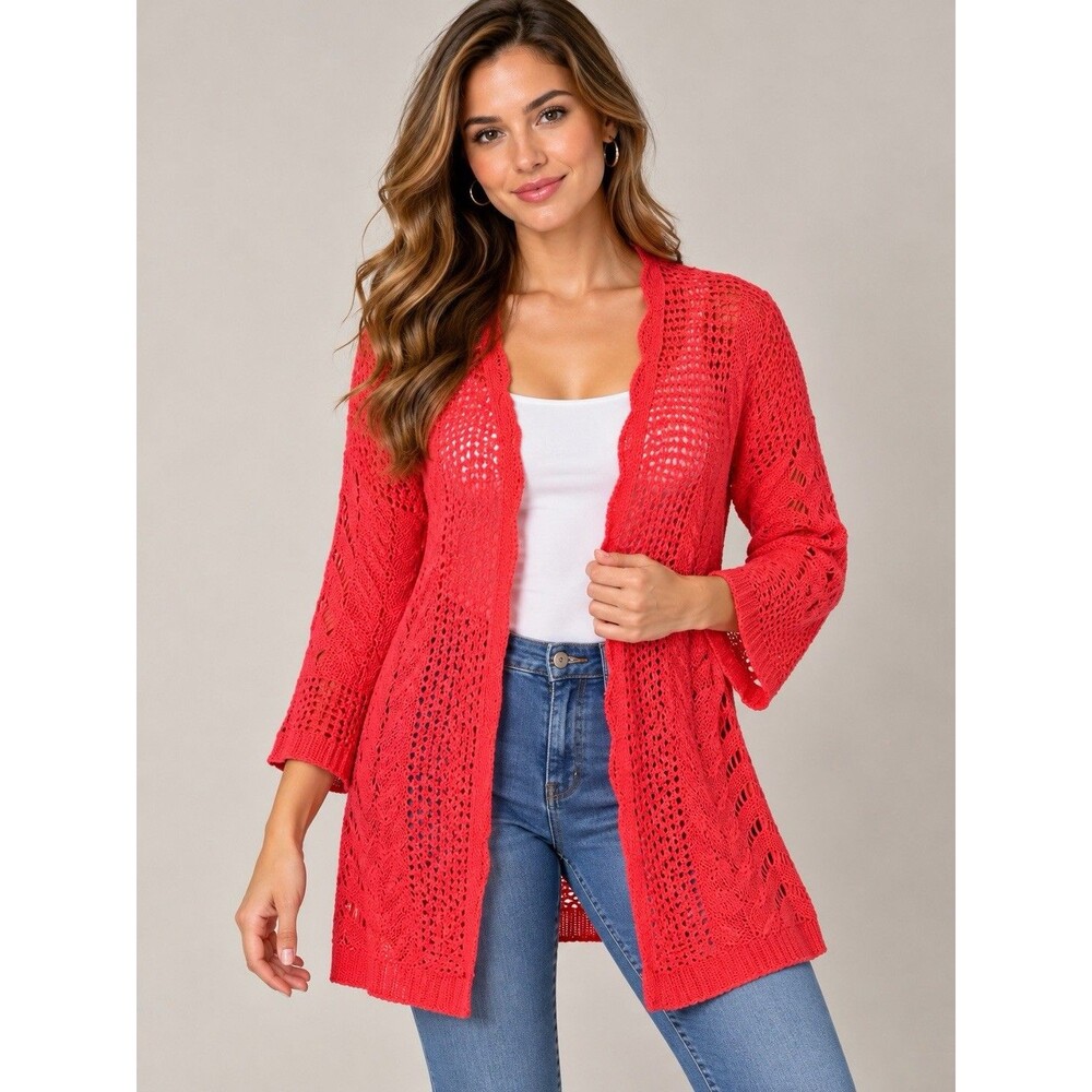 Maurices Women's Medium Coral Pink Open Knit Crochet Long Cardigan Duster